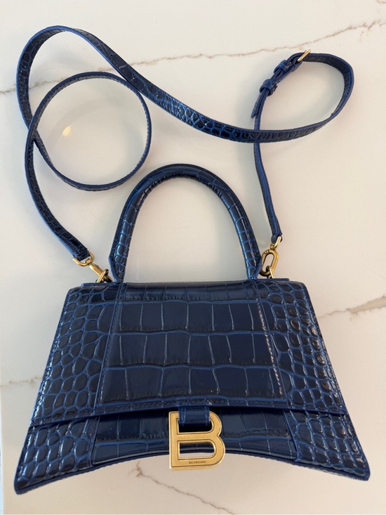 Balenciaga Handbags - BALENCIAGA Shiny Calfskin Crocodile Embossed Small Hourglass Top Handle Bag Navy